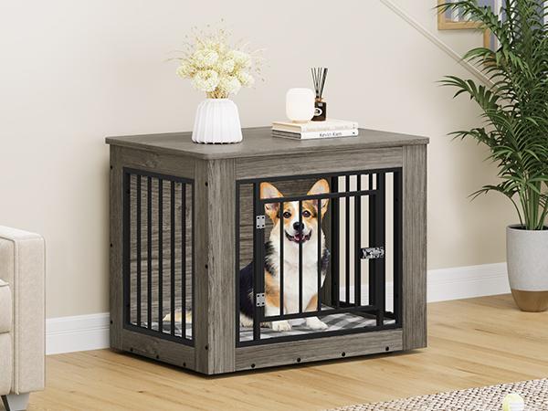 DWVO Dog Crate Furniture for Large Dogs, Side End Table, Modern Dogs Kennel Indoor up to 60 lb, 2-in-1 Iron-Wood Fusion Dog Cage with Waterproof Top, Safety Corners, Steel Lock