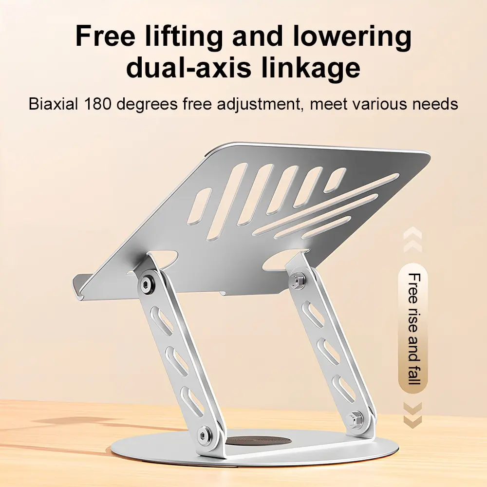 Aluminum Laptop Tablet Stand, 360° Rotatable Base, Dual Axis Adjustable Height, Ventilated Design, Silicone Non-Slip Pad, Foldable, Portable