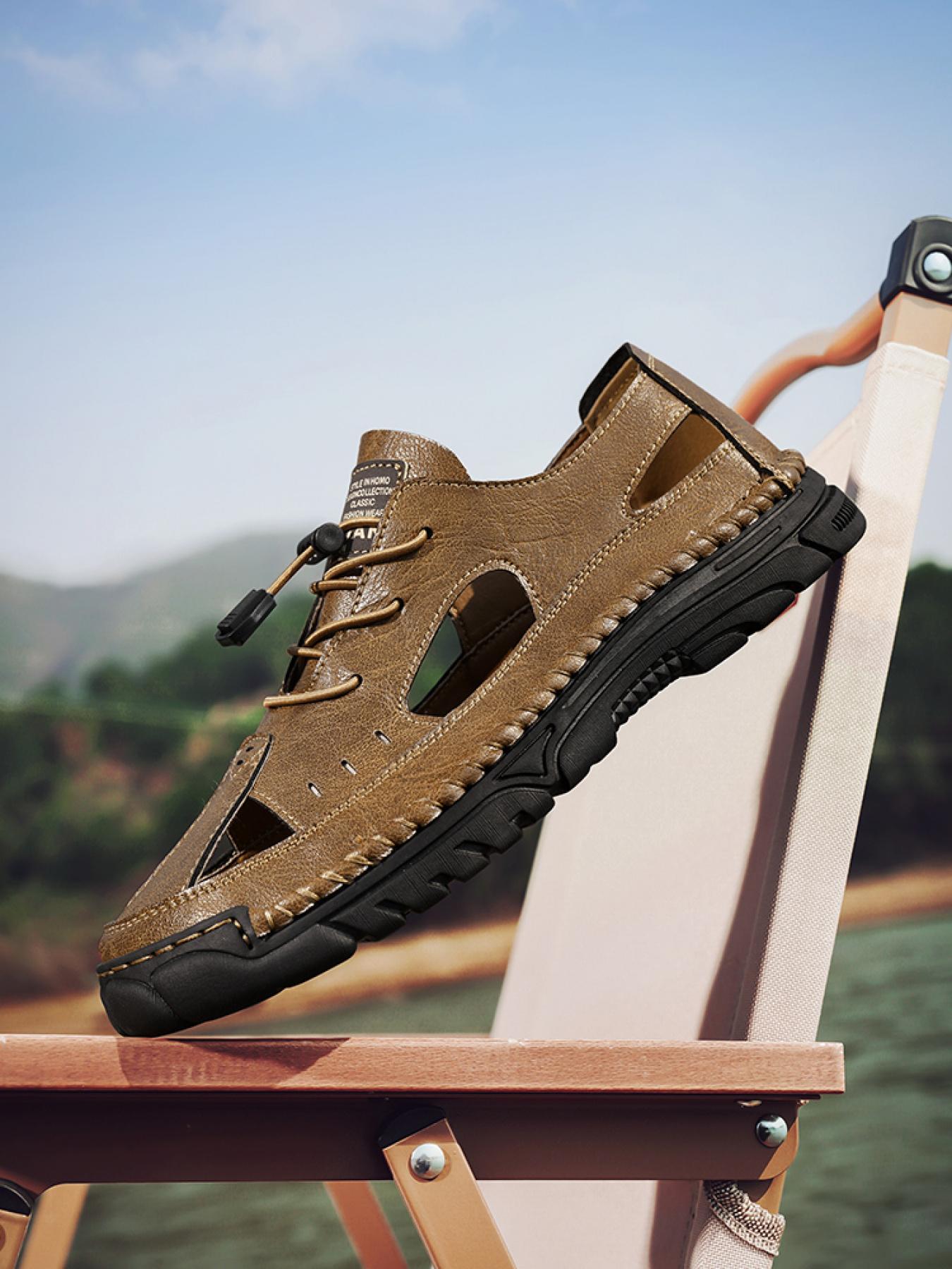 Men's Solid Color Hand-Stitched Closed-Toe Sandals Drawstring Soft Sole Water Shoes Breathable Slip-On Outdoor Beach Shoes