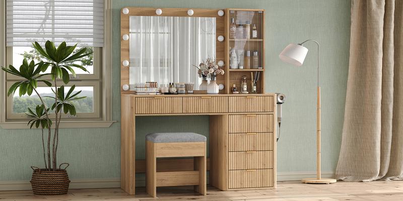 FUSOU 47'' W Fluted Vanity Desk, Makeup Vanity with Power Oultlet, 7 Drawers Vanity with 10 LED Lights and Mirror, 3 Lighting Modes Adjustable, Glass Top, Vanity with Chair for Bedroom, Natural FUSOU 47'' W Fluted Vanity Desk, Makeup Vanity with Power Oultlet, 7 Drawers Vanity with 10 LED Lights and Mirror, 3 Lighting Modes Adjustable, Glass Top, Vanity with Chair for Bedroom, Natural