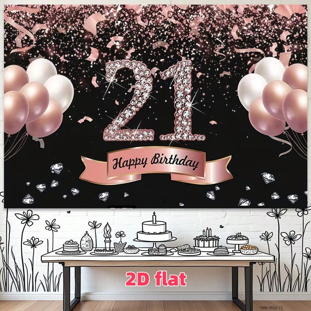 Pink gold diamond 21st birthday party background fabric, happy birthday polyester banner, suitable for living rooms, bedrooms, offices, birthdays, anniversaries, home decoration, outdoor and indoor parties, photography background fabric