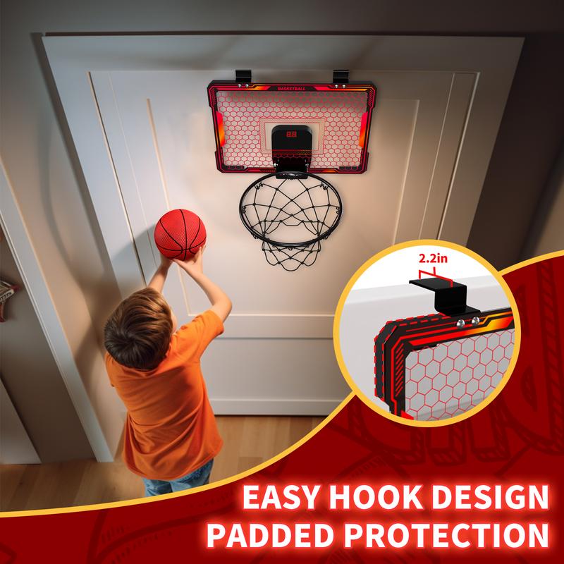 Mini Basketball Hoop Indoor with 7 LED Lighting, Scoreboard, 3 Modes, Volume Adjustable, Over Door Basketball Hoop Foldable, Basketball Toys for Kids Adults,Birthday Christmas Halloween Thanksgiving Gifts.
