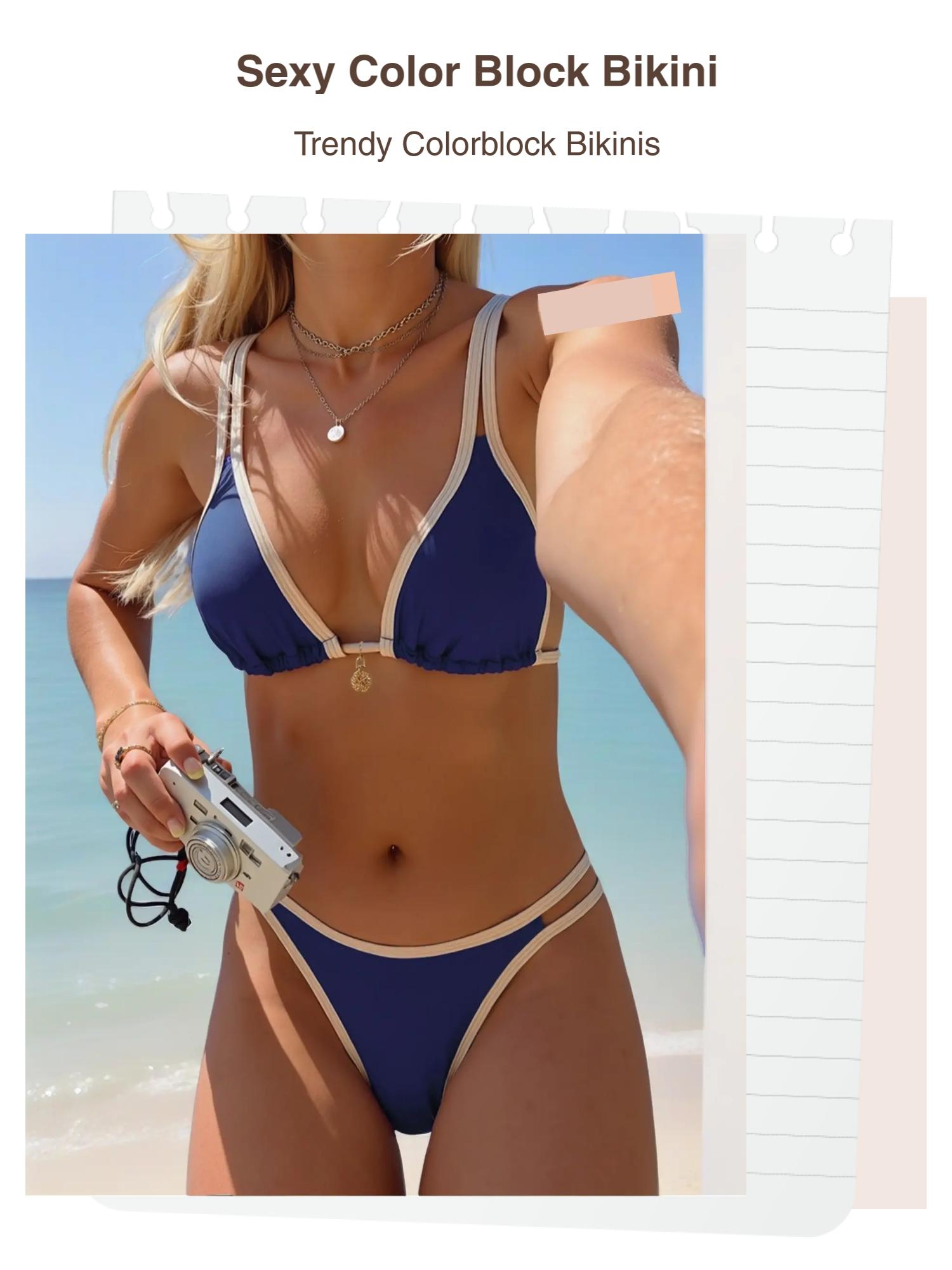 New Color Block Bikini Sexy Set, Colorblock Bikinis Set, Fitted Thin Fabric Swimwear for All Seasons, Sleek Aesthetic Trendy Beachwear for Women