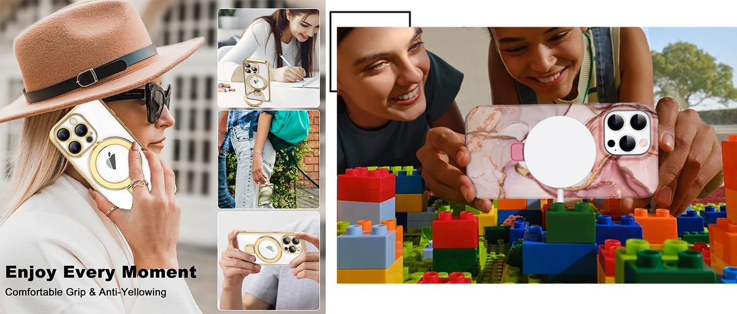 Compatible with iPhone 14 Case with Magnetic Ring Stand [Compatible with Mag-Safe] [Full Camera Lens Protector] Soft Plating Phone Case for iPhone 14 6.1", Grey Blue