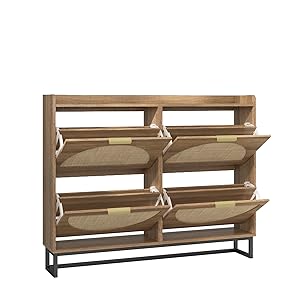 Vabches Large Rattan Shoe Storage Cabinet with 4 Flip Drawers, Freestanding Shoe Organizer with Metal Legs for Entryway, Hidden Silver Handles, Narrow Shoe Rack Cabinet