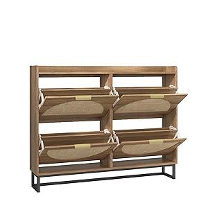 Vabches Large Rattan Shoe Storage Cabinet with 4 Flip Drawers, Freestanding Shoe Organizer with Metal Legs for Entryway, Hidden Silver Handles, Narrow Shoe Rack Cabinet