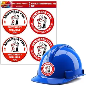 Remember Kids Electricity Will Kill You, Hard Hat, Funny Sticker Durable Waterproof Vinyl Decal for Electrical Panels, Toolboxes, Breaker Boxes - 3 inches Electrician Warning Sticker -Pack of 4 (4)