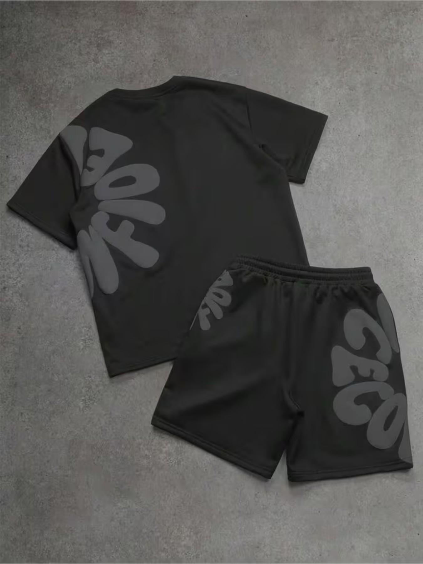 Men's Simple Letter Print Set, Round Neck Short Sleeve T-Shirt and Shorts, Casual Fitted Two-Piece Set Outfit, Suitable for All Seasons