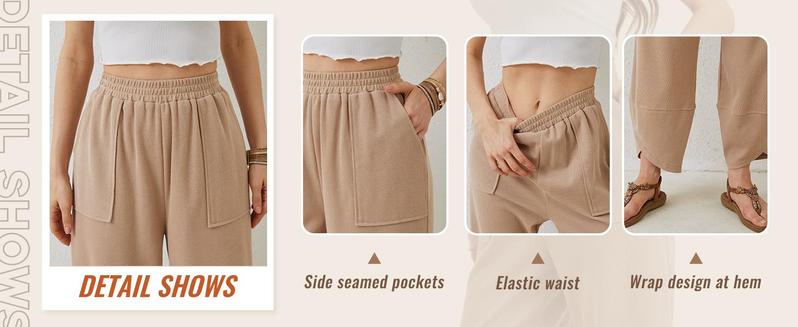 JovenPara Womens Cotton Wide Leg Sweatpants Elastic Waisted Baggy Loose Beach Palazzo Harem Pants with Pockets Womenswear  Basic Bottom Wideleg Khaki Minimalist