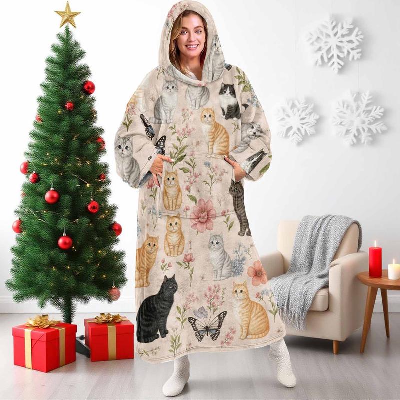 hoodie blanket, Wearable Blanket\Cute Cat Digital Print Flannel Blanket, Wearable Hooded Throw, Cozy Hooded Blanket, Soft Warm Blanket for Sofa, Home Leisure, Air Conditioning, Camping Travel\Christmas Gift,Valentine's Day gift