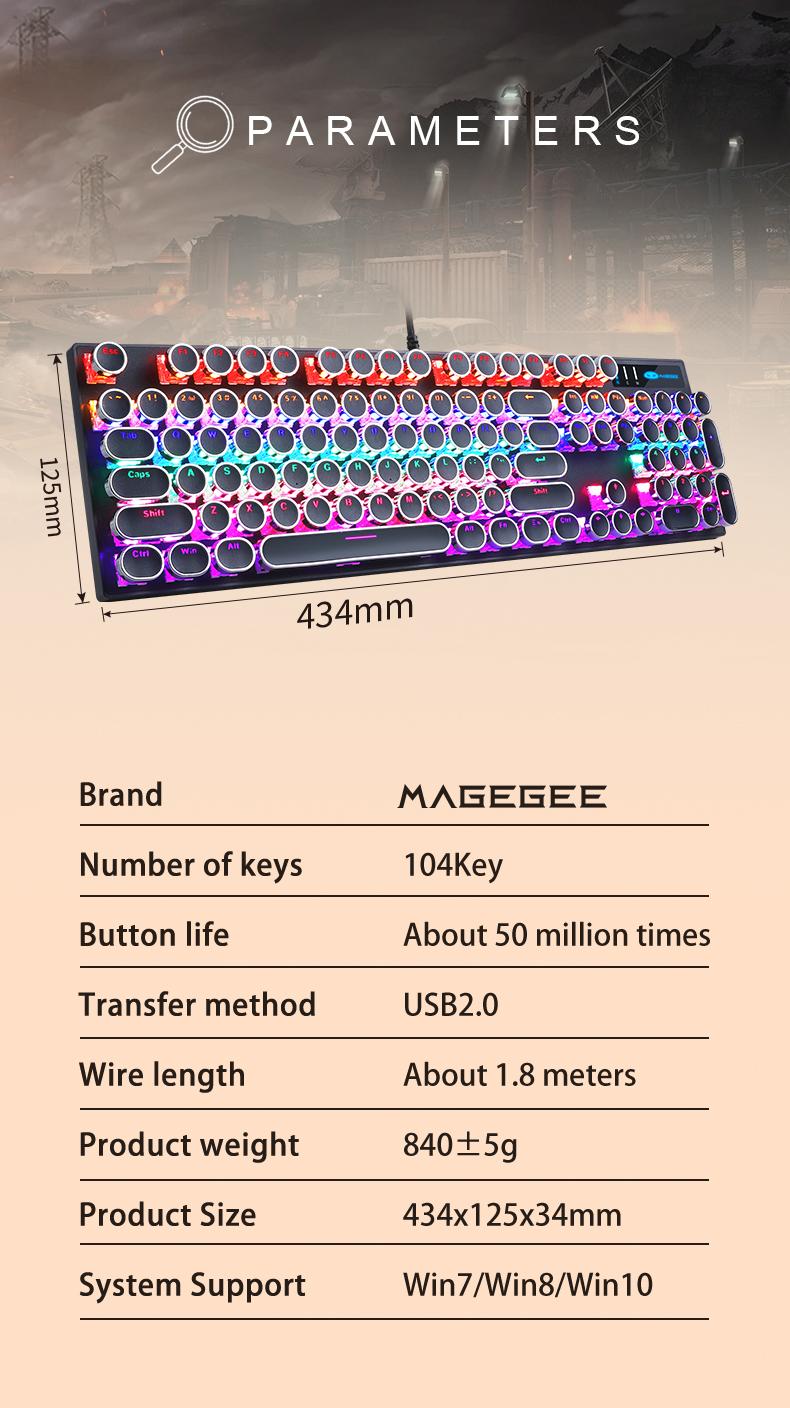 MageGee MK-Storm Typewriter Mechanical Gaming Keyboard, Retro Punk Round Keycaps Blue LED Backlight USB Wired Computer Keyboard for Gaming and Office, Compatible with Windows