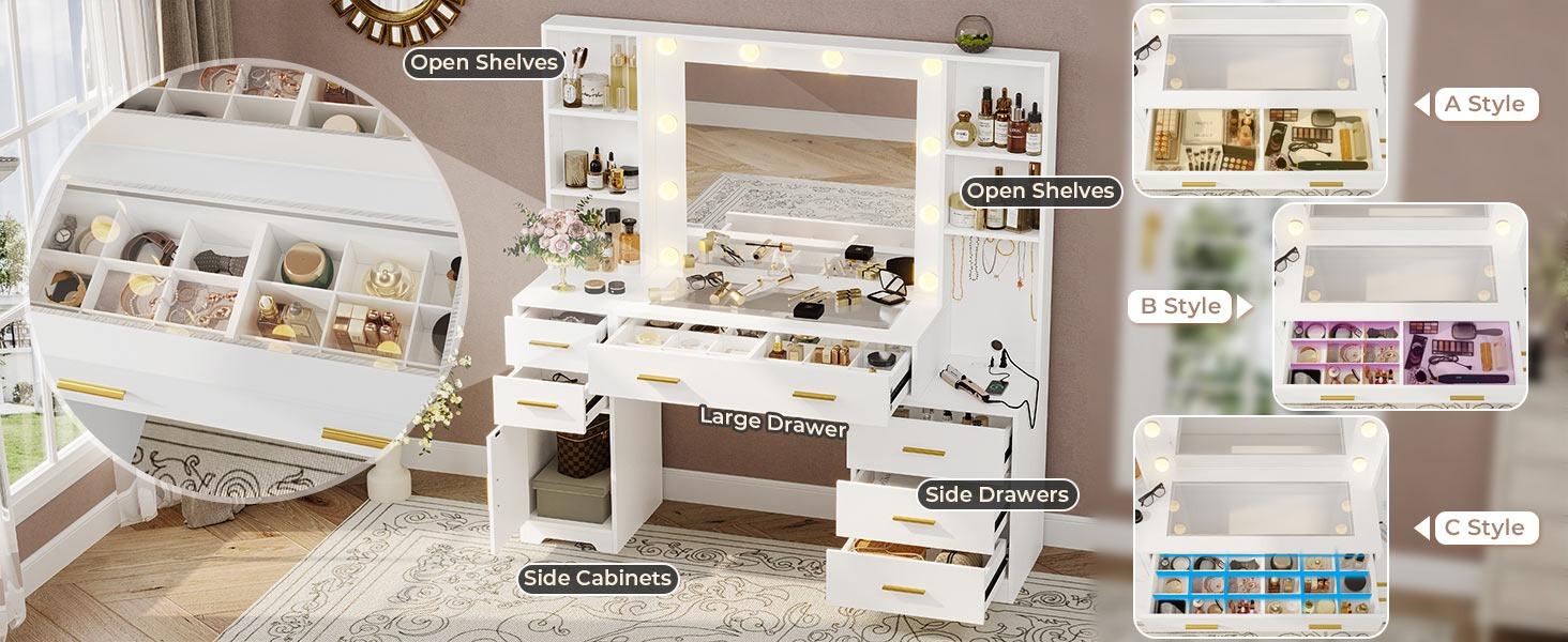 Sikaic 48.8 Inches Large Makeup Vanity Desk With Lighted Mirror & Power Outlet Glass Tabletop Bedroom Dressing Table