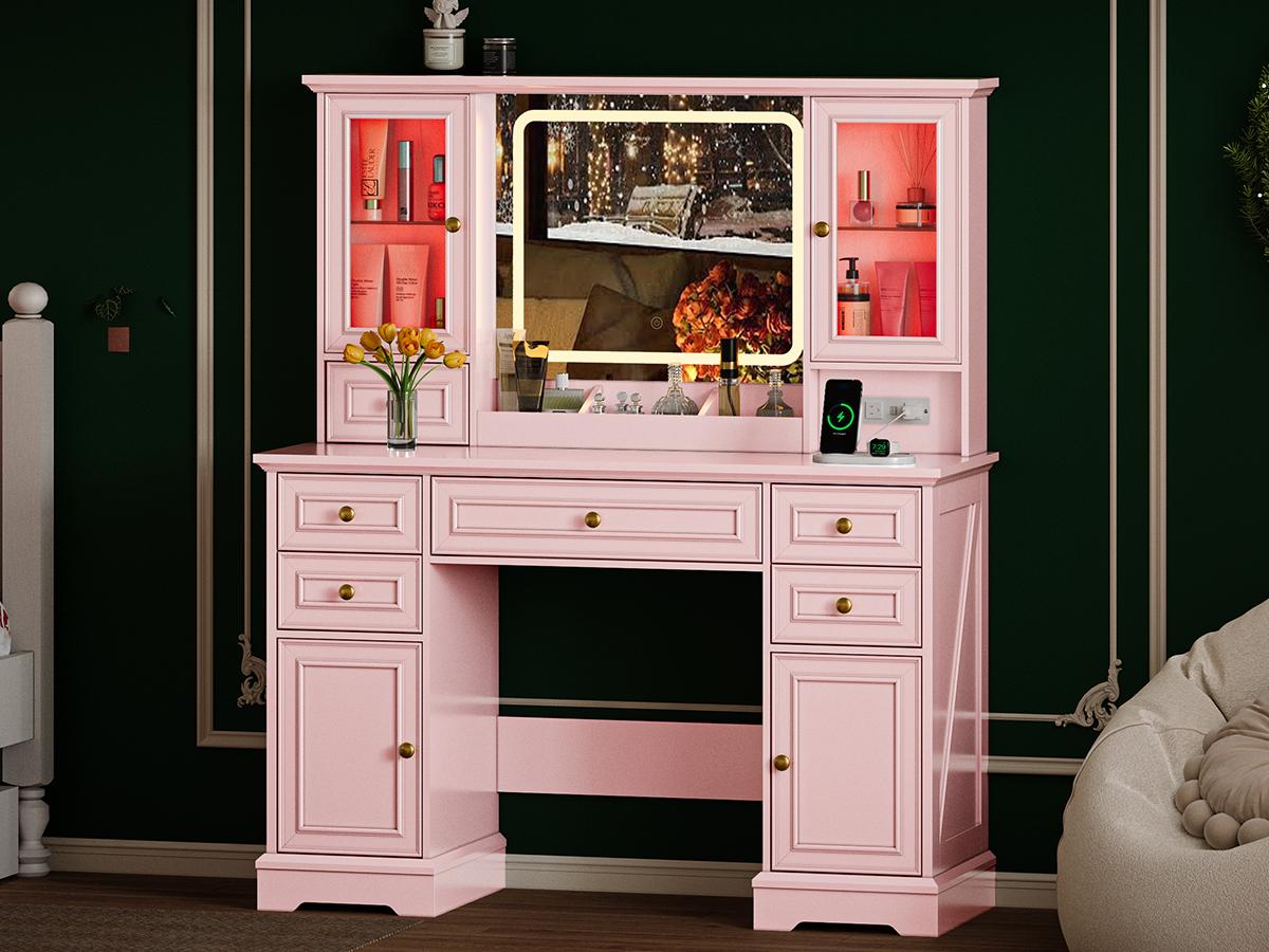 Led Light Vanity,Adjustable Lighting Makeup Vanity Set，Farmhouse Vanity Desk with Mirror and Lights,Large Makeup Table Set with RGB Cabinets,6 Drawers and Storage Shelves Dressing Table for Bedroom Dressing Room，