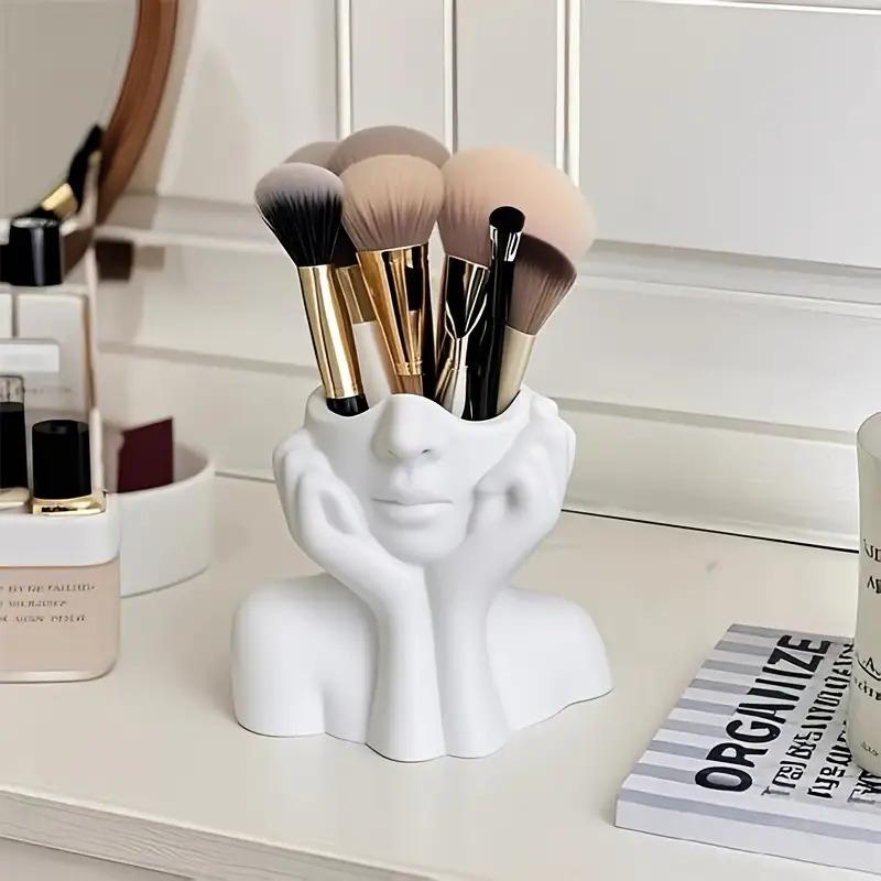 Face-Shaped Makeup Brush Holder - White Vanity Organizer with Eyebrow Pencil Slots, Portable & No Assembly Needed for Desk/Bathroom, Makeup Tool Organizer