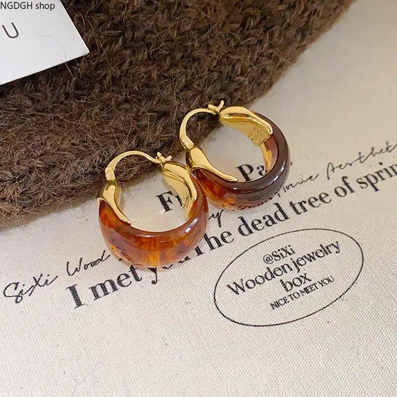 Women's Synthetic Tiger Eye Stone Fashion Earrings - Vintage Brown Marbled, Plain Minimalist Fashion Jewelry, Versatile Casual Accessory for Fall Sports & Outdoor Outfits, Single Pair