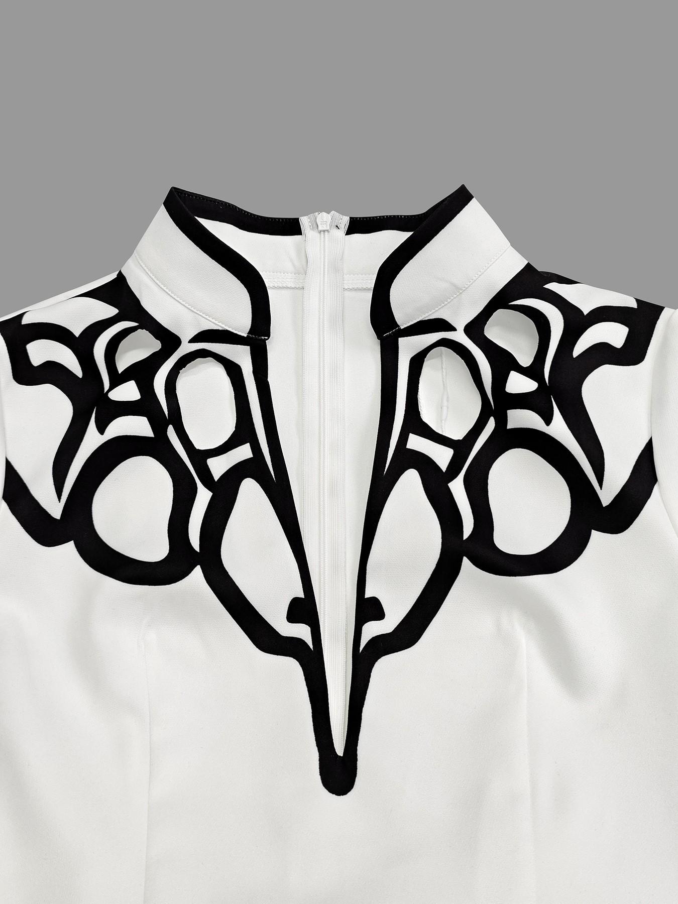 Women's A-Line Flare Sleeve Abstract Print Colorblock Cut-Out Patchwork Stand Collar Long Dress, Elegant Casual Fashion