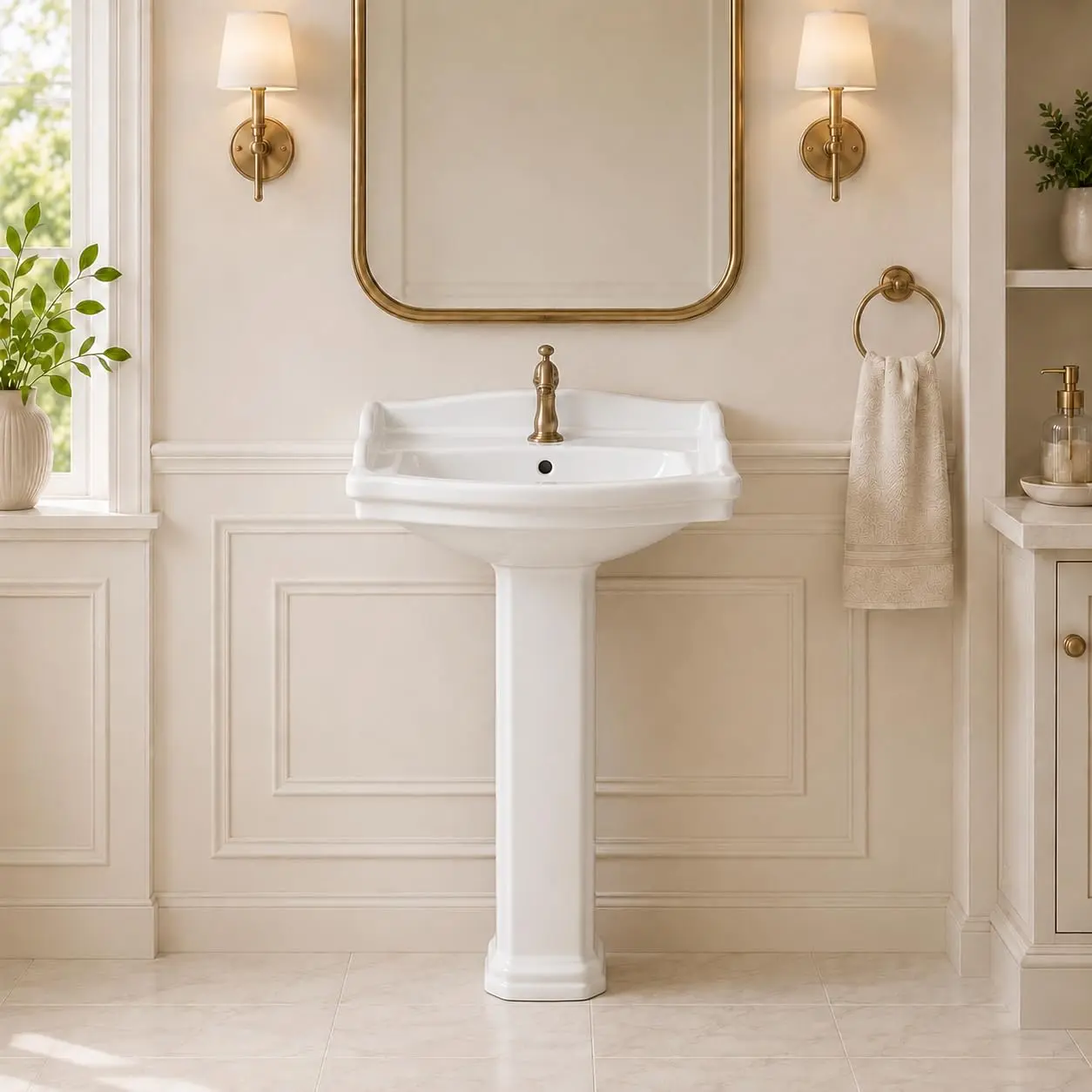 Classic Ceramic Pedestal Bathroom basin - Freestanding Vintage Column Lavatory Basin, Raised Rim, Glossy Finish