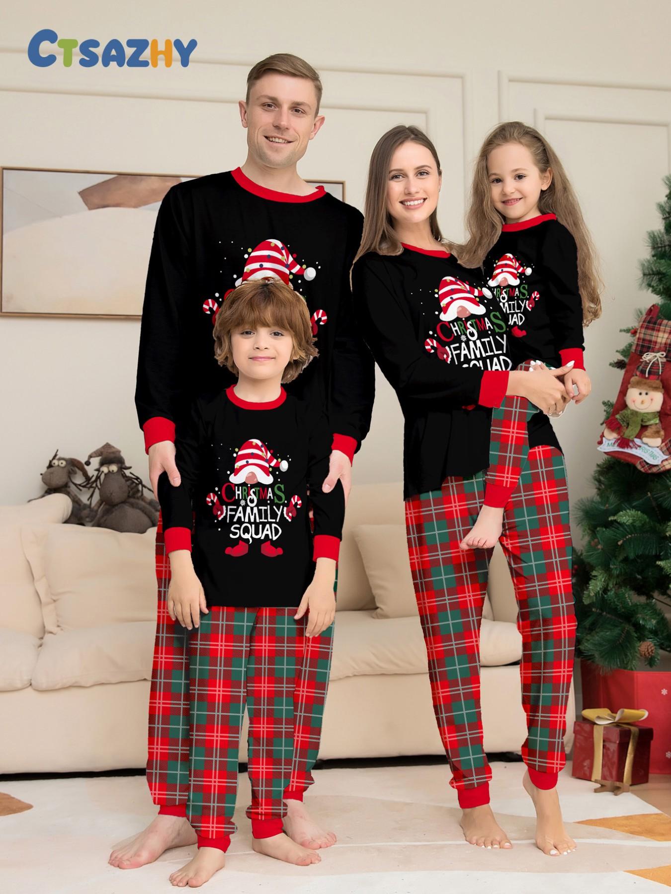Matching Family Christmas Long Sleeve Pajama Set, Matching Outfits for Adults & Kids, Color Block Cuffed Loungewear, Couple & Family Matching Sleepwear, Color Contrast Raglan Sleeve Xmas Family PJs, Soft Comfy Home Wear for Families of 3 or 4