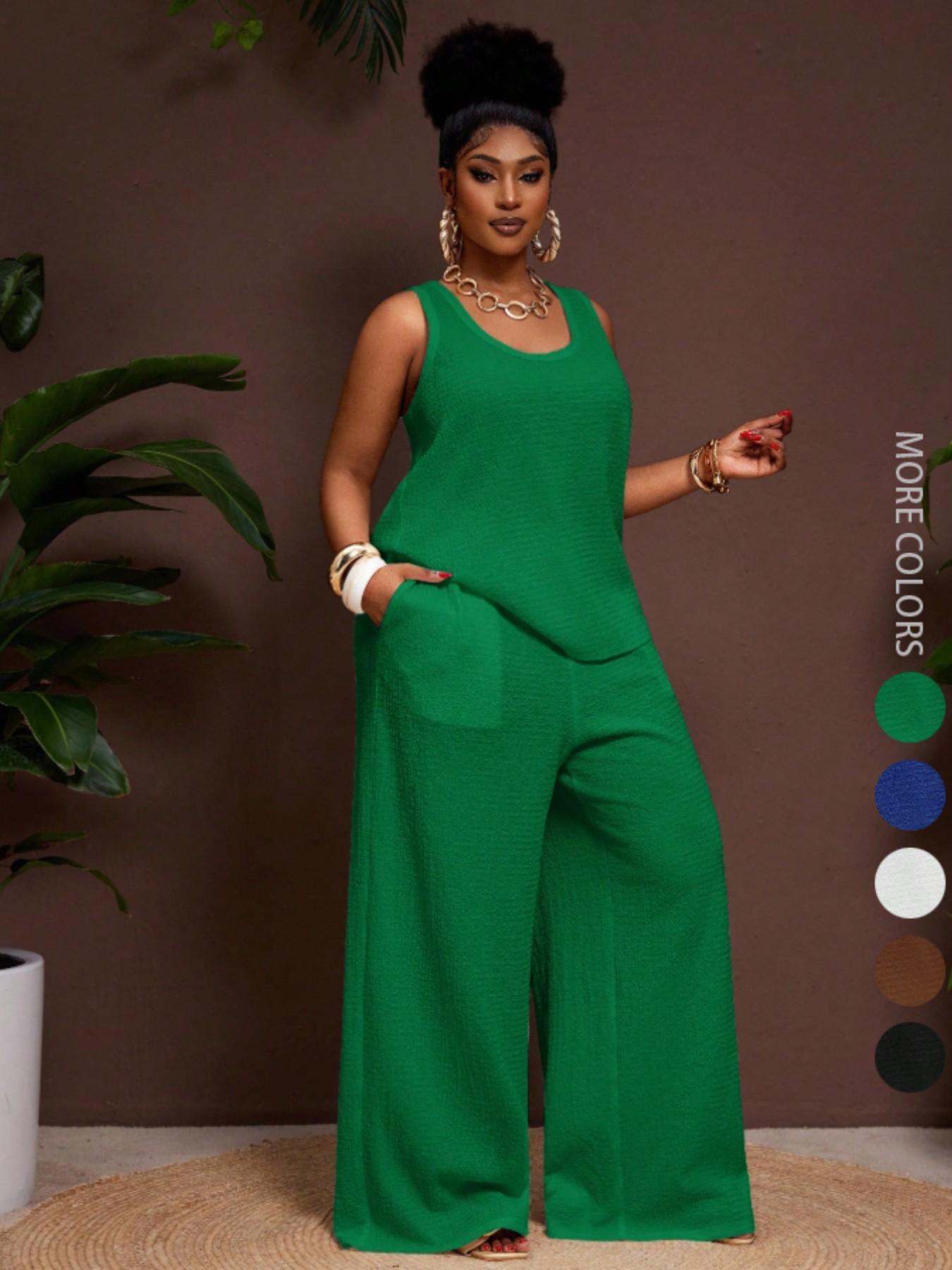 Women's Plus Size Womenswear Fashion Business Casual Vacation 2-Piece Set, Comfortable U-Neck Sleeveless Top with Pockets, Loose Fit Wide Leg Pants Clothes