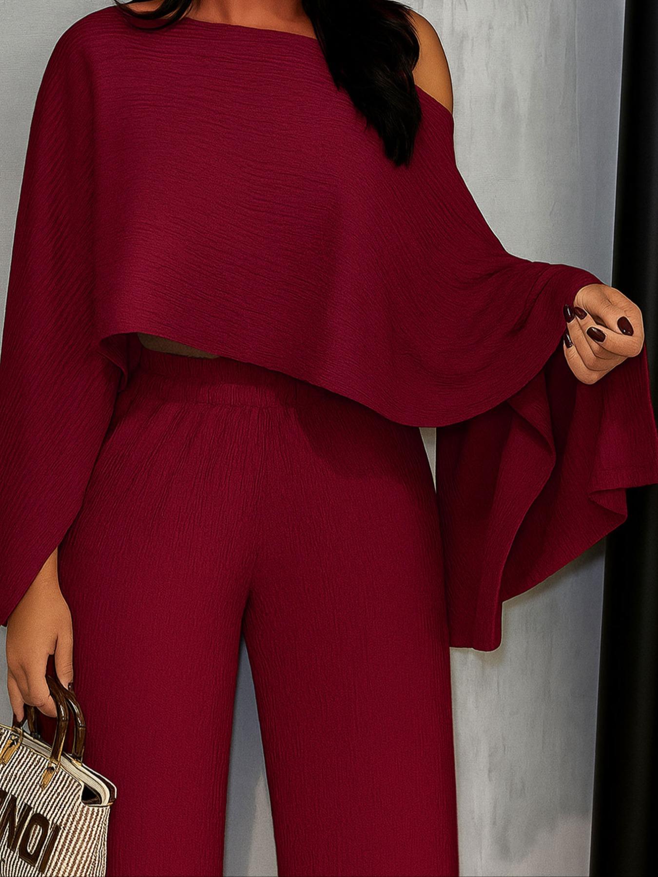 Two-Piece Set Women's Solid Color Top & Elastic Waist Pants, Casual Fashion Cozy Top & Trousers for Daily Outdoor Wear, Women's Clothing for Fall