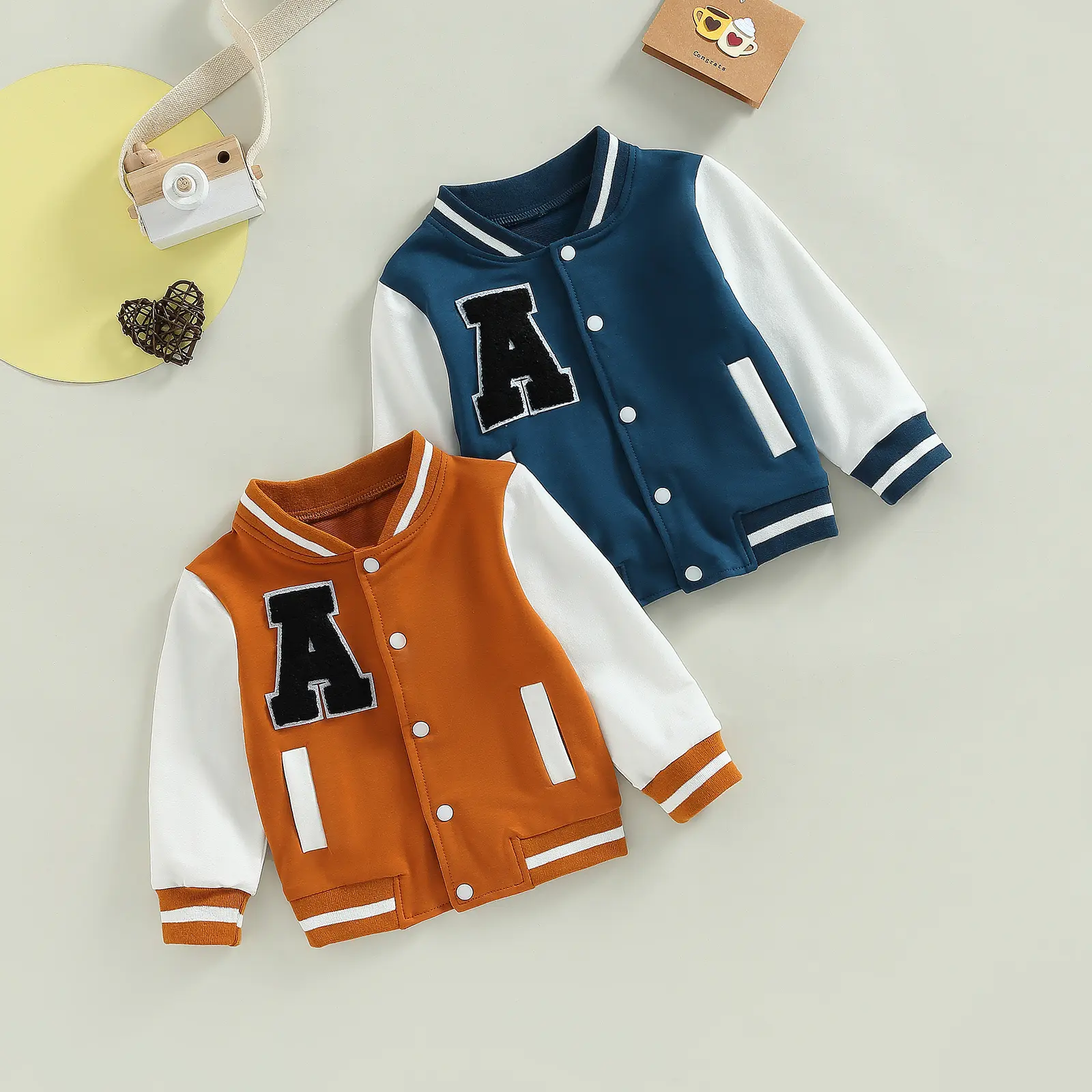 Toddler Boys Girls Winter Jacket Letter Pattern Coat | Contrast Color Long Sleeve Buttons Front Varsity Bomber Jacket Kids Baseball Outerwear 1-5T