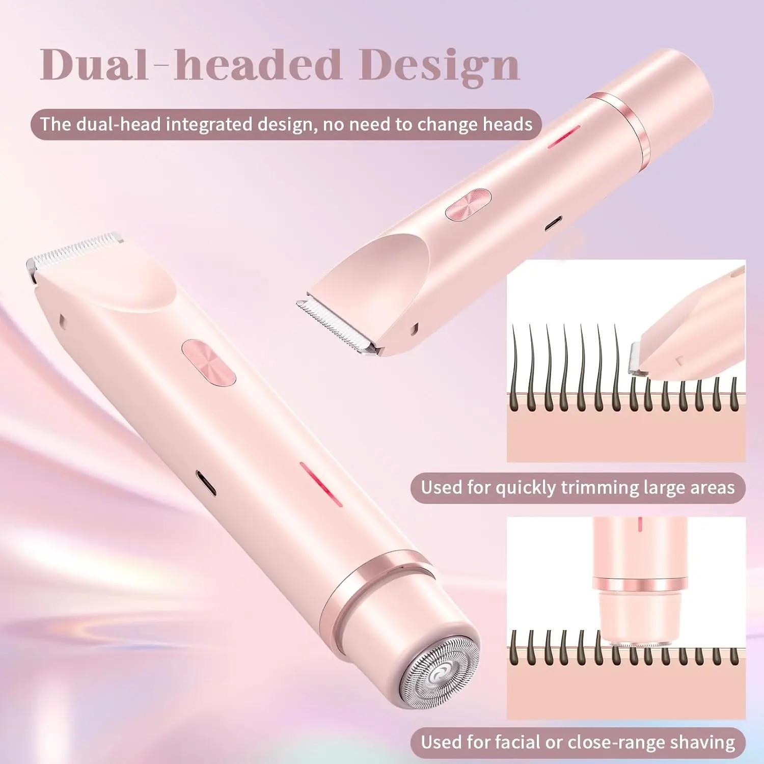 2-in-1 Bikini Trimmer for Women, Cordless Charging Trimmer, Wireless Hair Trimmer, Electric Shaver and Razor Rechargeable Body and Facial Epilator, Dual Heads for Painless Trimming of Pubic Hair and Legs, IPX7 Waterproof, Christmas Gift New Year Gift