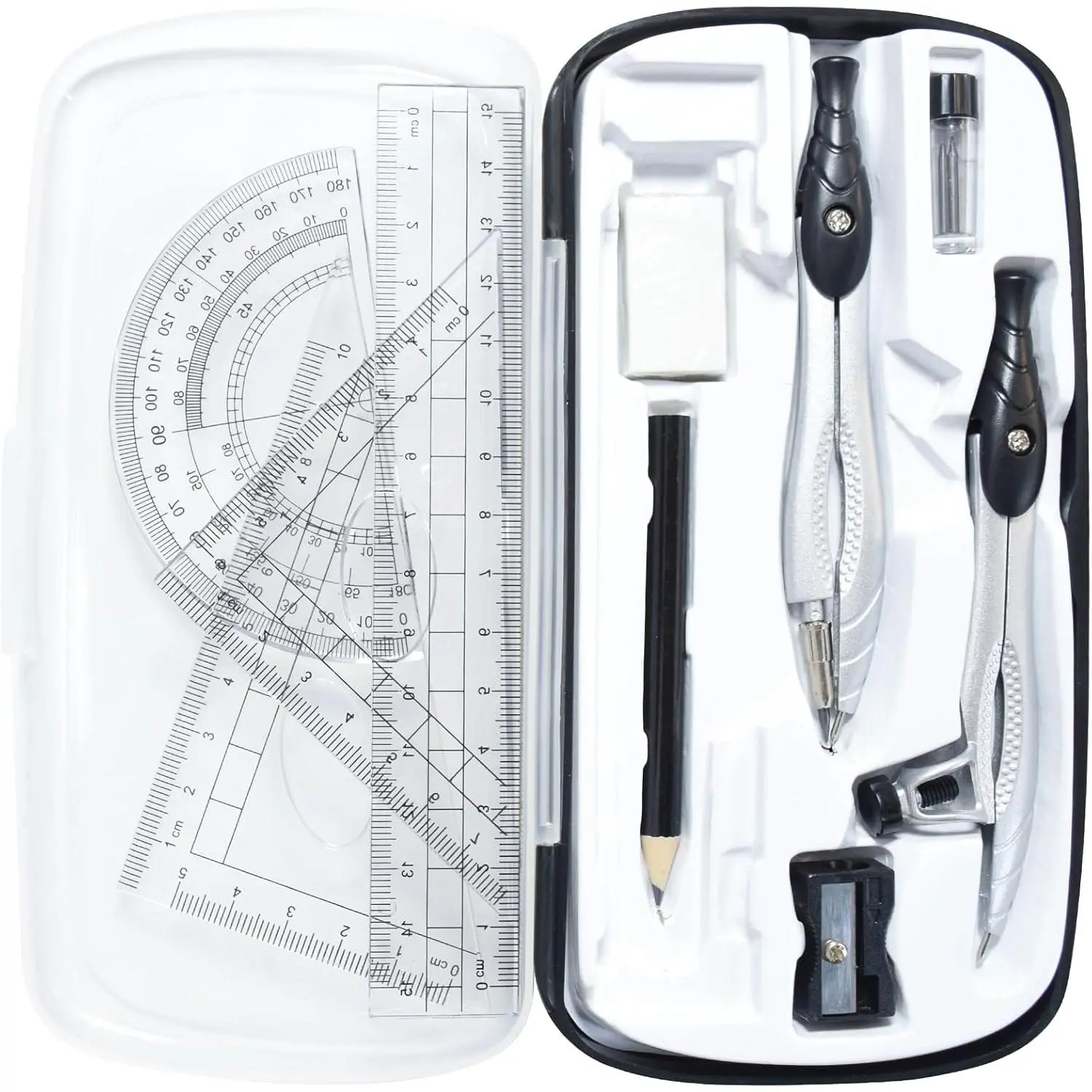 Geometry Set, 10 count Math Protractor Compasses Kit with Ruler, Triangles, Eraser, Sharpener, Lead Refills, Pencil, Storage Box, Drafting Drawing Tools for Architects Engineers Artists