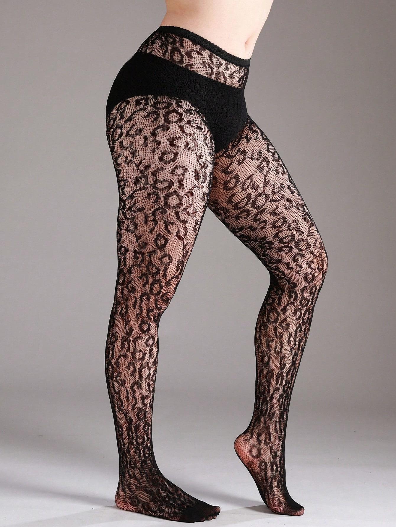 Plus Size High Stretch Leopard Print Fishnet Leggings, Sexy Hollow Net Stockings, Fashionable Halloween Costume, All Seasons