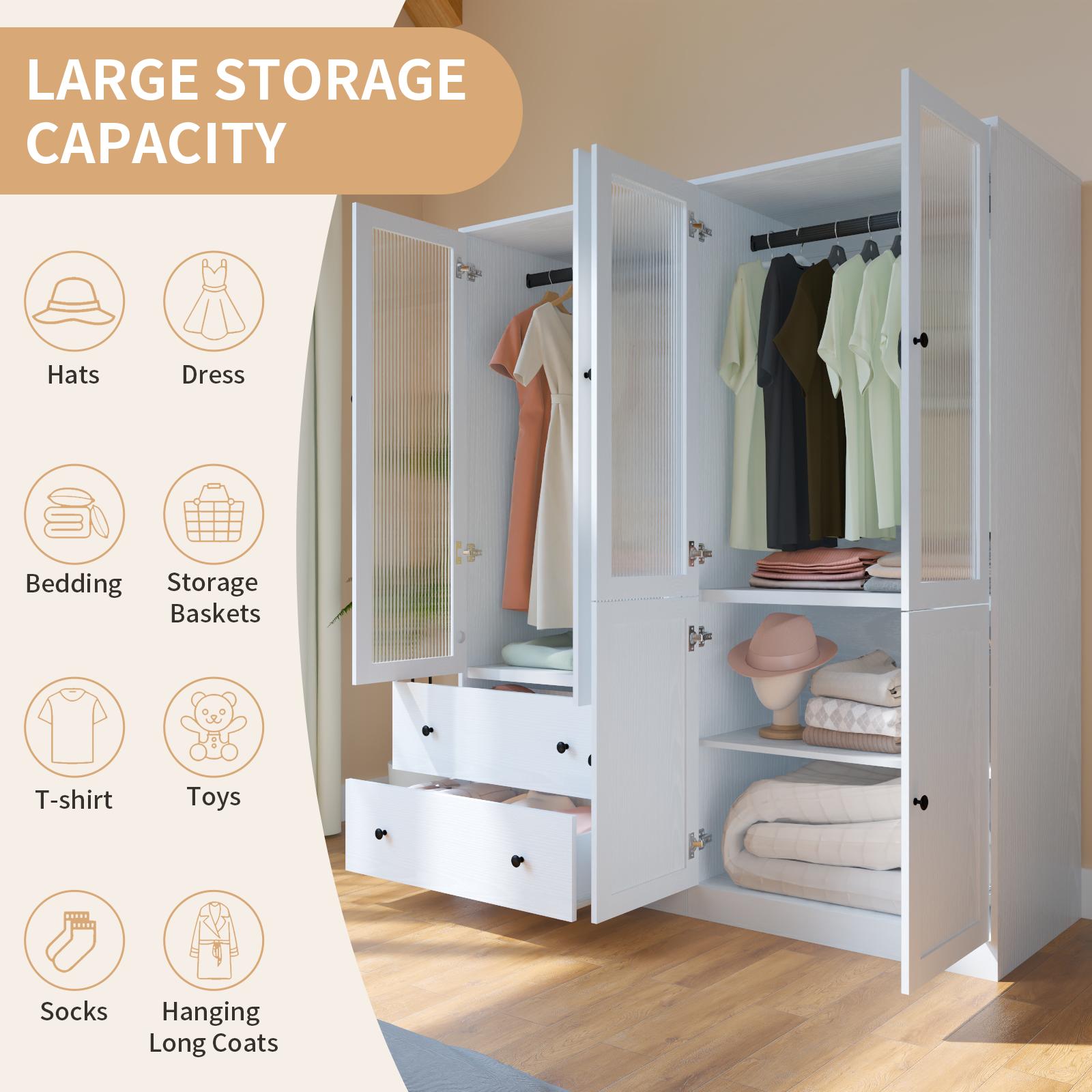 【2 Packages Delivery】VOWNER Wardrobe Closet with Fluted Glass Door, 2 Drawer & Shelf, Wooden White Armoire Storage Cabinet for Bedroom 【2 Packages Delivery】VOWNER Wardrobe Closet with Fluted Glass Door, 2 Drawer & Shelf, Wooden White Armoire Storage Cabinet for Bedroom