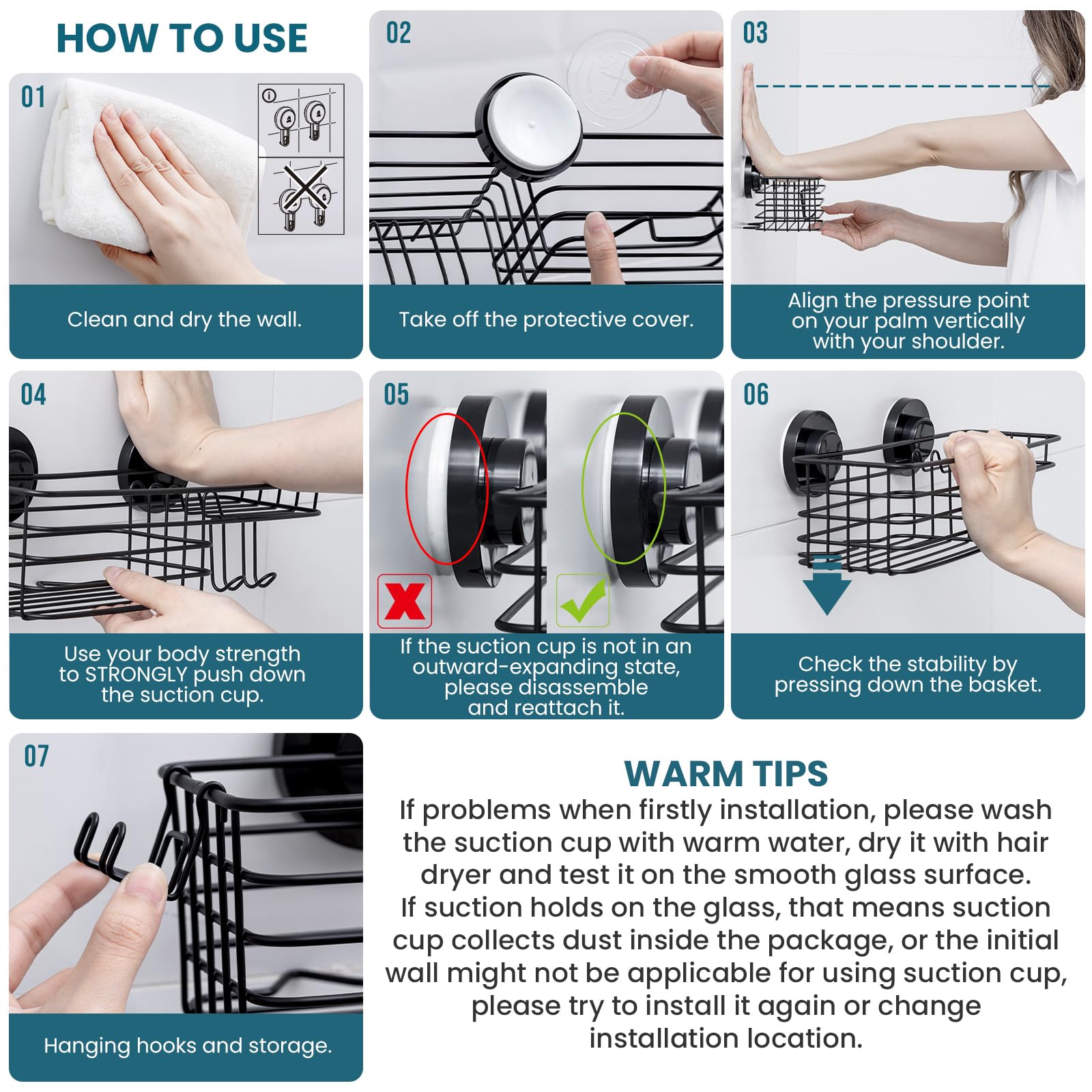 TAILI Black Metal Shower Caddy Suction Cup 2 Pack with Hooks & Soap holder, Rustproof Heavy Duty Shower Organizer for Bathroom, No Drilling