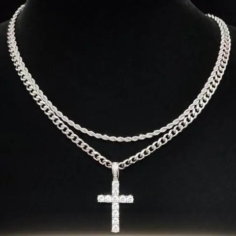 Double Layer Cross Necklace Cuban Link Chain Hip Hop Style Clavicle Necklace High Sense Long Twin Ornament