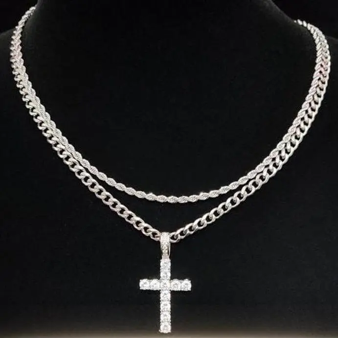 Double Layer Cross Necklace Cuban Link Chain Hip Hop Style Clavicle Necklace High Sense Long Twin Ornament