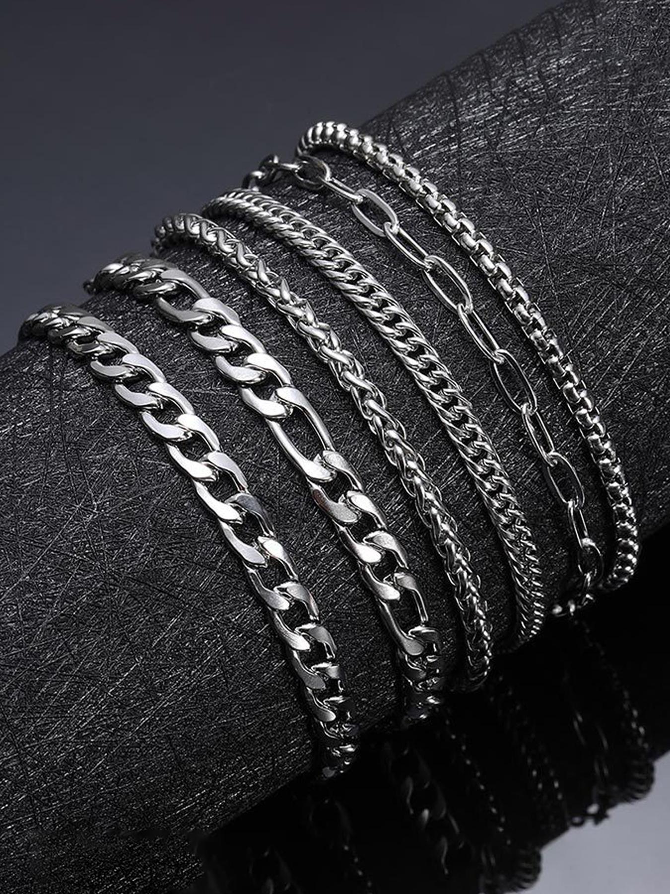 6-piece Set of Simple Stainless Steel Chain Metal Bracelet, Men's and Women's Fashion Trend Street Style Stacked Bracelet Set