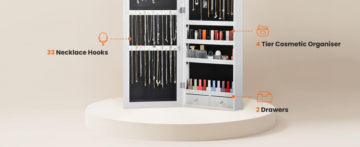 RIMIKING Jewelry Cabinet with Mirror, Dual Installation Options, Ample Storage, Convenience Features, Elegant Design,  Soft Velvet Lining, LED Lights, High Capacity Earring Storage, Dedicated Necklace Hooks, Ring Slots, Cosmetic Organizer