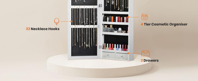 RIMIKING Jewelry Cabinet with Mirror, Dual Installation Options, Ample Storage, Convenience Features, Elegant Design,  Soft Velvet Lining, LED Lights, High Capacity Earring Storage, Dedicated Necklace Hooks, Ring Slots, Cosmetic Organizer