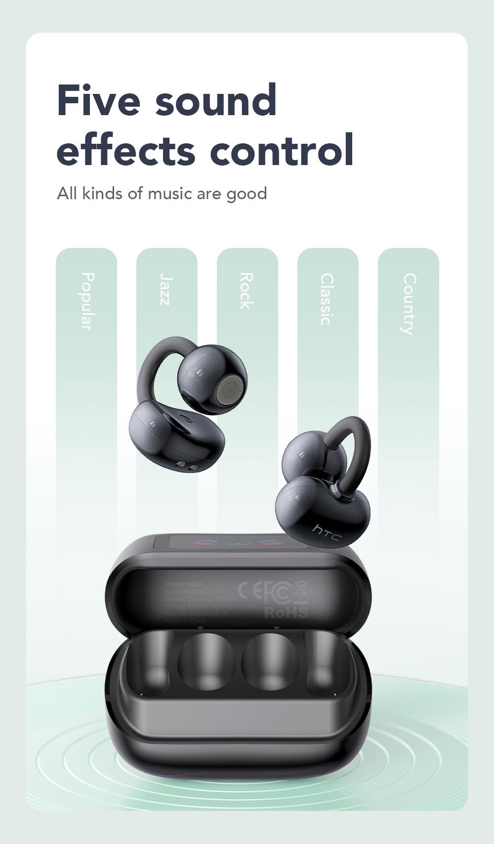 HTC NE54 Clip-On Ear Headphones Bluetooth 6.0 Full Color Touch Screen Wireless Audio Headphones IPX5 Waterproof Sports Headsets Noise Reduction Built-in Microphone for Music & Phone Calls