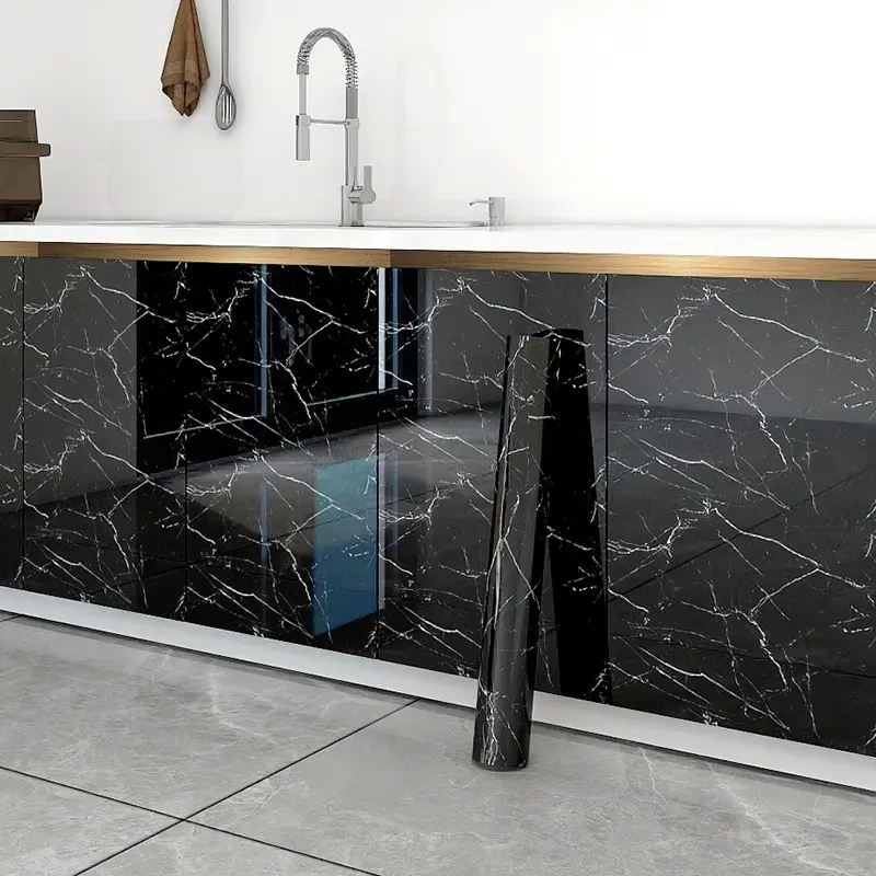 Glossy Black Marble Contact Paper 17.72in*118.11in/196.85in,Self-Adhesive Grey White Kitchen Backsplash Wallpaper - Peel and Stick  Decorative Paper for Kitchen Countertop,Desktop, Home Living Room Bathroom