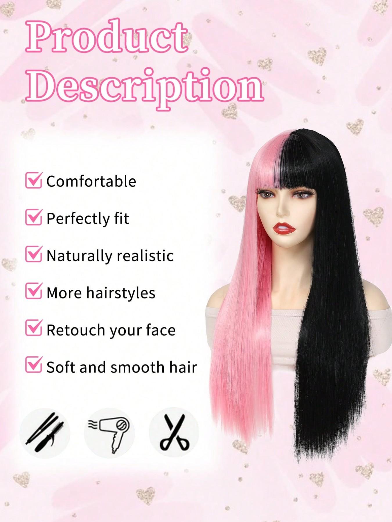 26 inch Cosplay Extension Hair Wig Pink And Black Color Synthetic Straight Hair Wig With Bangs Hair for women Wear Cosplay holiday Daily Halloween and Christmas New Year Carnival Music Festival
