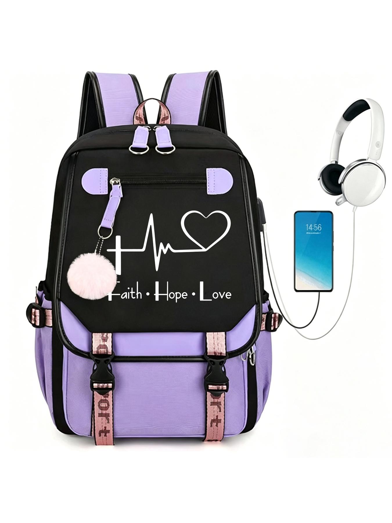 Faith Hope Love Heartbeat Print Girls Backpack Pink Black Large Capacity School Bookbag With USB Charging & Headphone Port Pom pom Pendant Aesthetic Student Backpack For Teen Girls Back To School Travel Gift