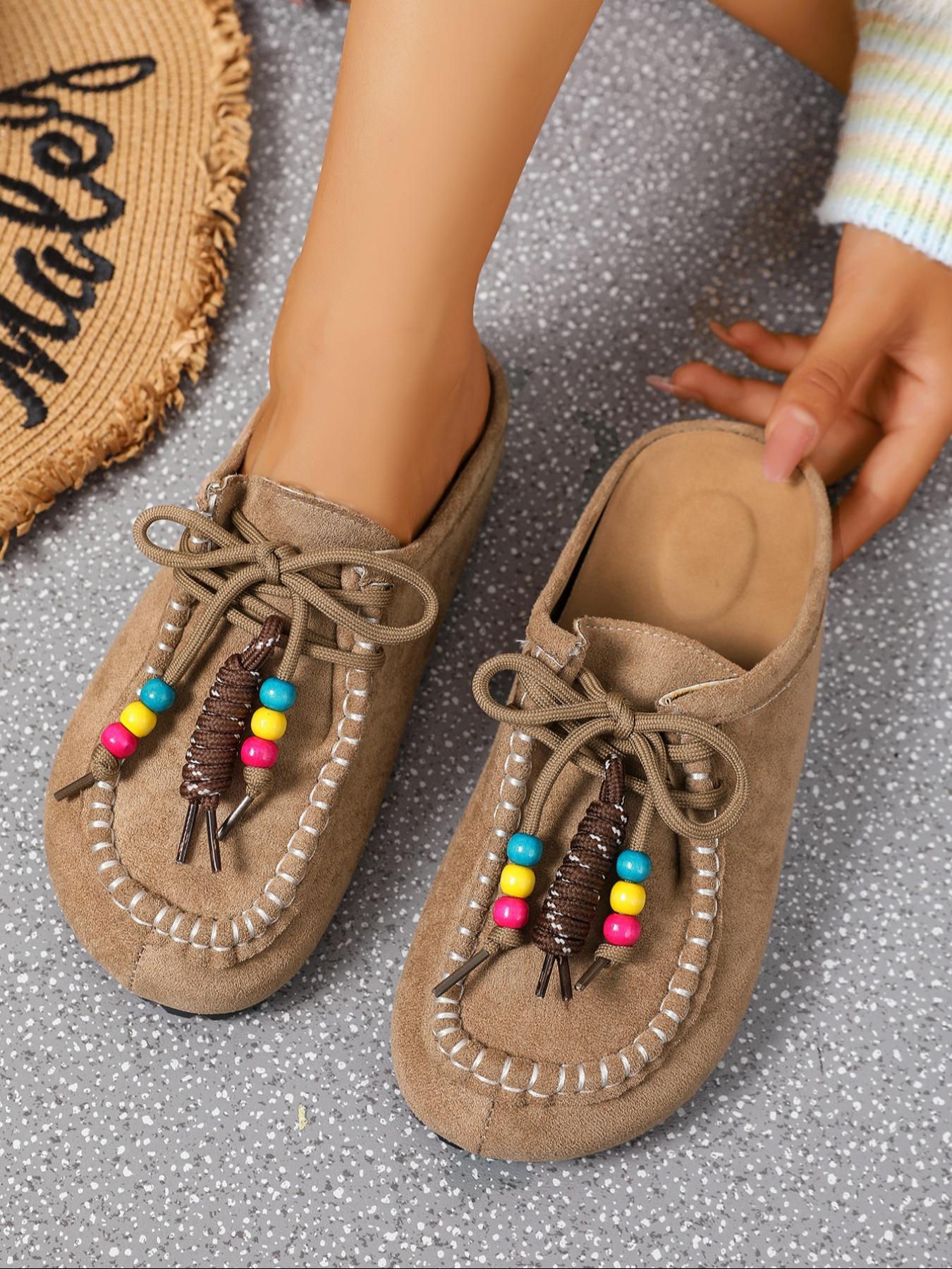 2025 New Women's Round-Toe Cork suede Clog Mules –Boho Beaded Suede Tassel Mules – Women’s Vintage Slip-On Clogs with Arch Support, Soft Cork Sole, and Colorful Beads – Cozy Fall Flats for Walking & Home Foot Clogs