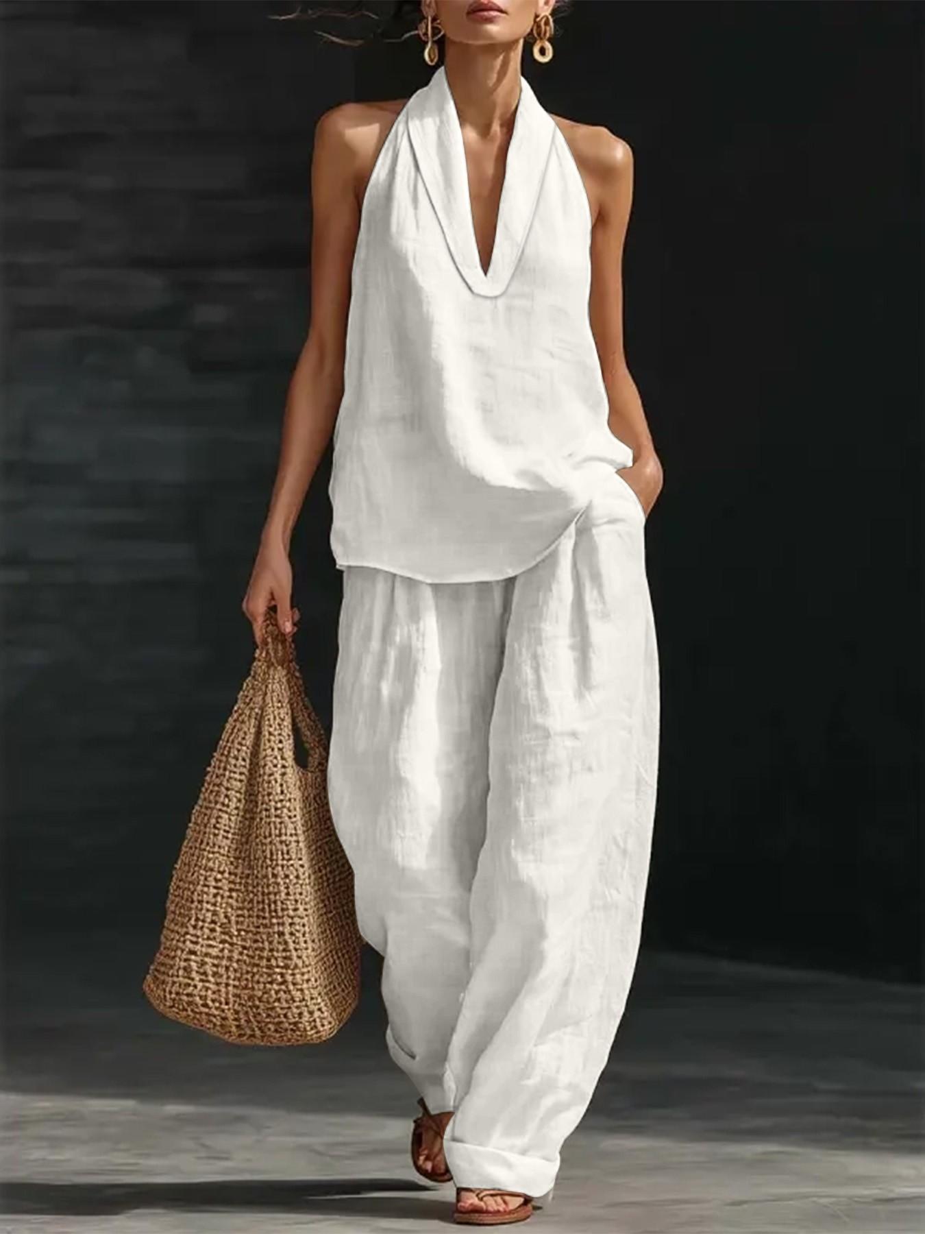 Women's Faux Linen V Neck Sleeveless Halter Top and Wide Leg Pants Set, 2 Piece Loose Fit Lounge Set, Casual All Seasons