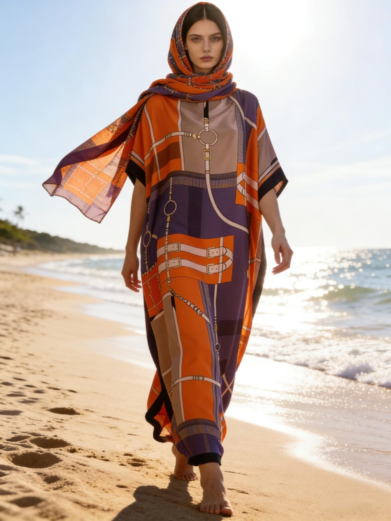 1dress+1scarf Viral Rust Orange Geometric Belt Print Satin Kaftan Maxi Dress with Matching Scarf – Silky Loose Fit, Plus Size Friendly, Luxury Loungewear, Beach Cover Up & Evening Party Wear, Must-Have Resort Fashion Piece