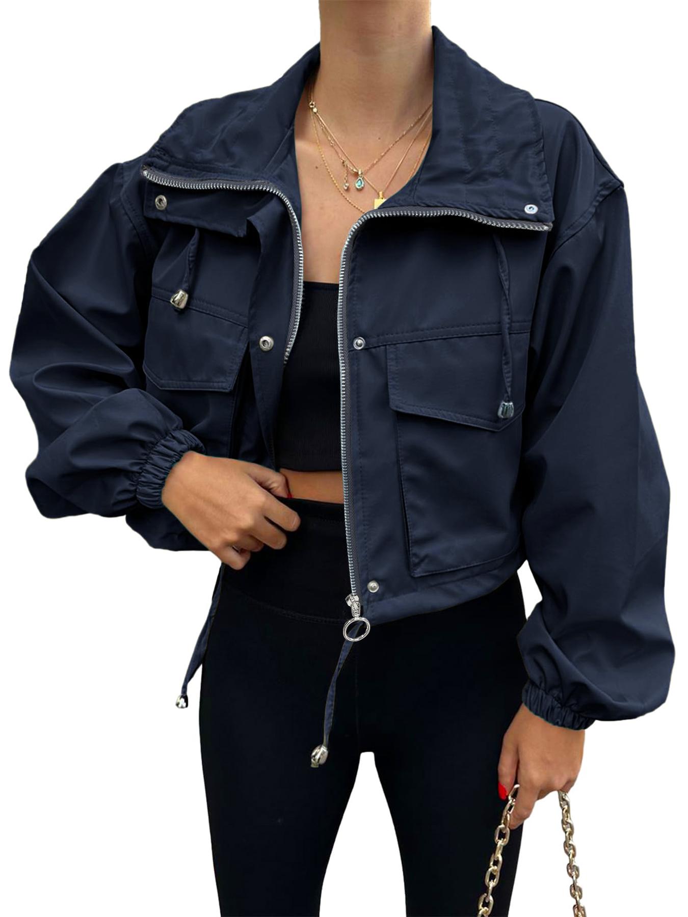 ASWULK Women's Cropped Jacket Zip Up Lightweight Oversized Utility Coat with Pockets for Spring and Fall Wear Adjustable Drawstring Snap Button Zipper