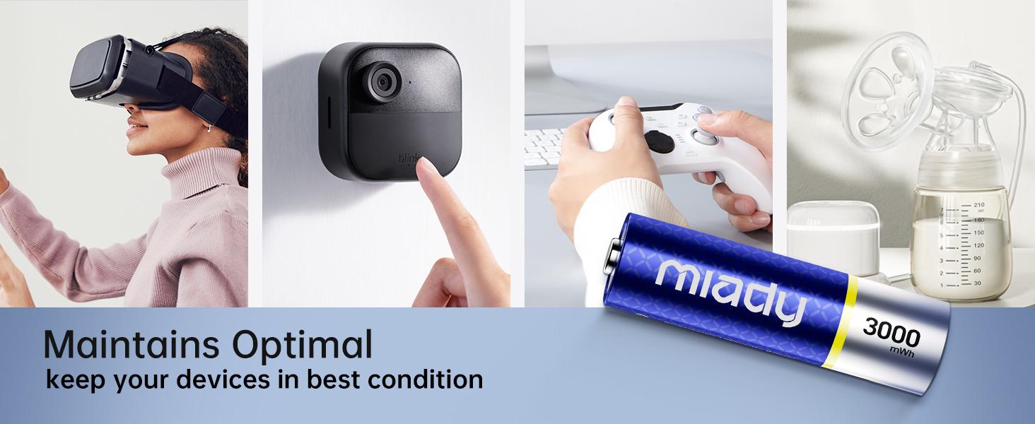 Miady Rechargeable Lithium AA Batteries 8 Pack with Fast Charger, 1.5V 3000mWh High Capacity Lithium AA Batteries, Double A Batteries with 2000+ Cycles for High-Drain Devices Cable Charging