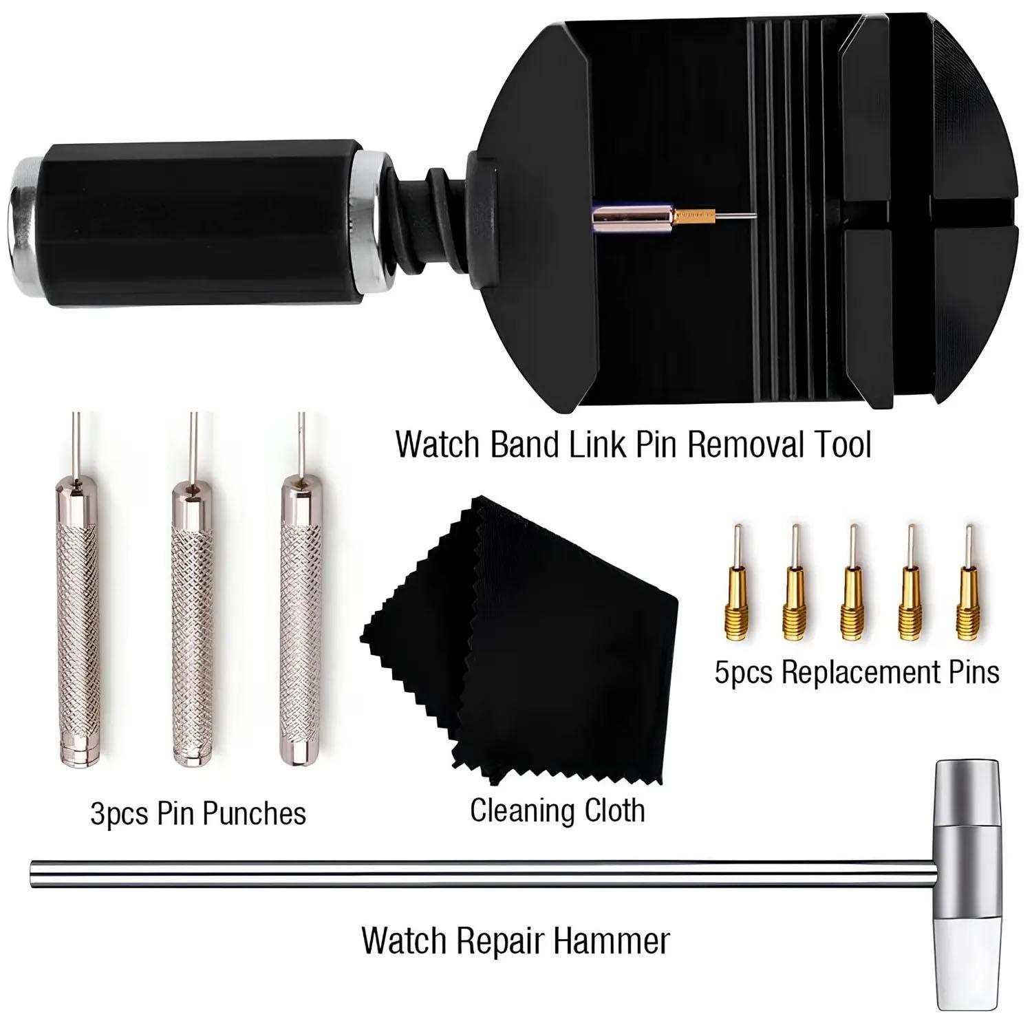 Watch Link Removal Tool Set, Bracelet Adjustment Tools, Band Size Adjuster, Watch Repair Hammer, Strap Adjuster, Watch Repair Toolkit, User Manual Included