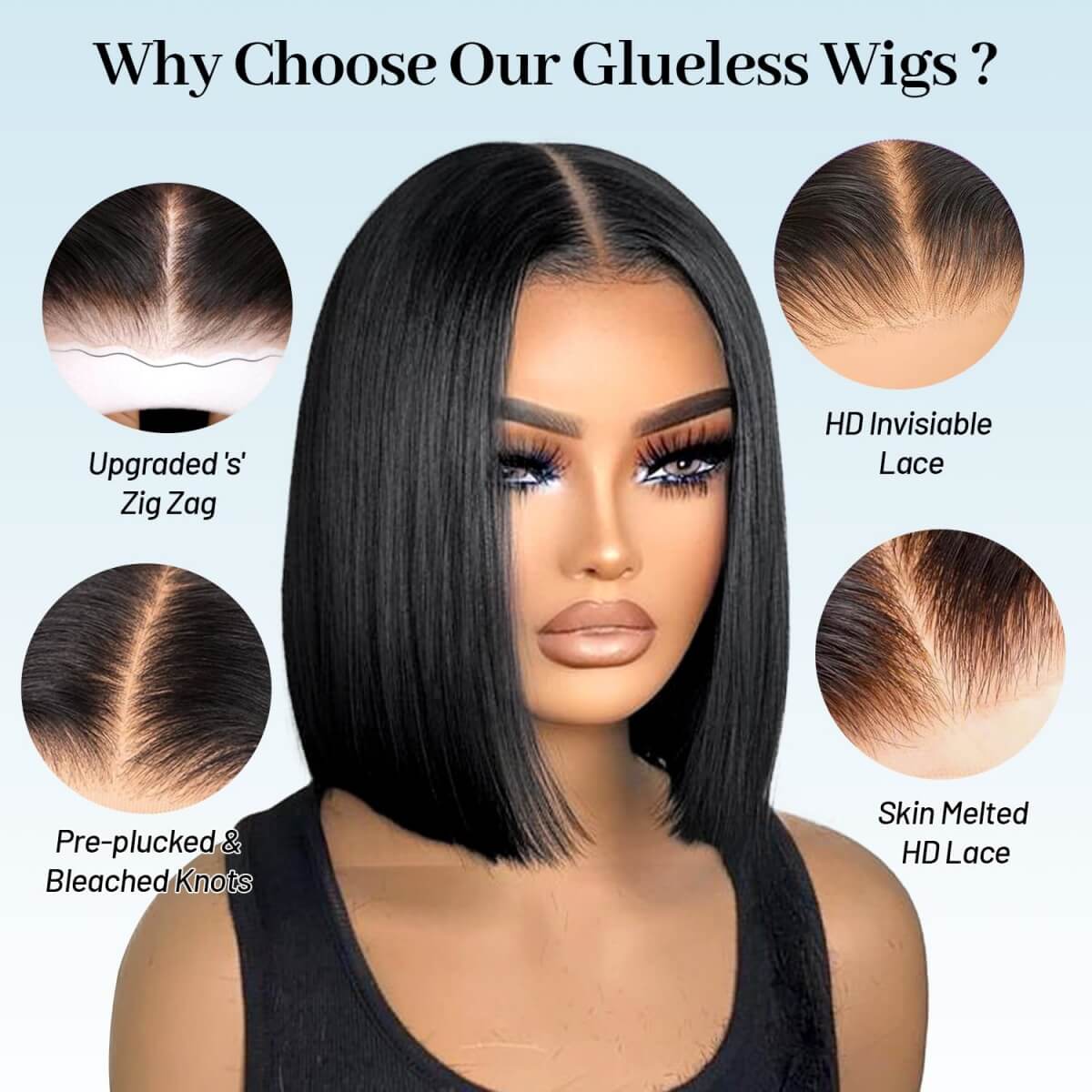 Glueless Staight Short Bob Wig 5x5 Pre Plucked Hairline Pre-Cut  Lace Wig 180% Density HD Transparent Lace Closure Wigs Human Hair for Black Women Short Straight Bob Wigs No Glue Lace Closure Wigs Beginner Friendly Gift for Girlfriend/Wife/FamilySpringtok