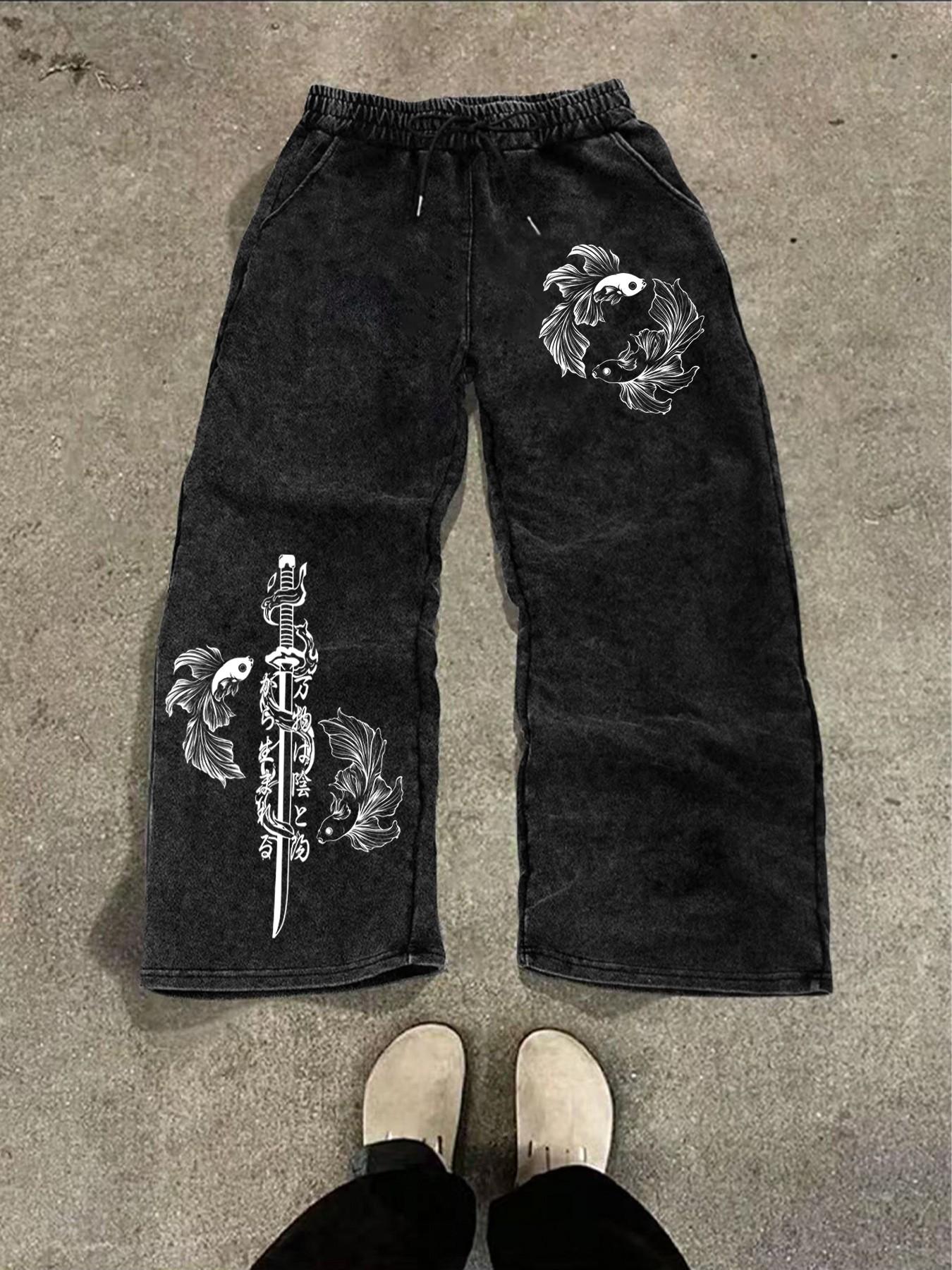 Men's Long Pants, Vintage Washed Jeans, Fashion Jean Bottoms, Carp and Samurai Sword Print Pattern, Urban Japanese Street Style, Casual Fitted Pants for All Seasons, Fashion, Streetwear