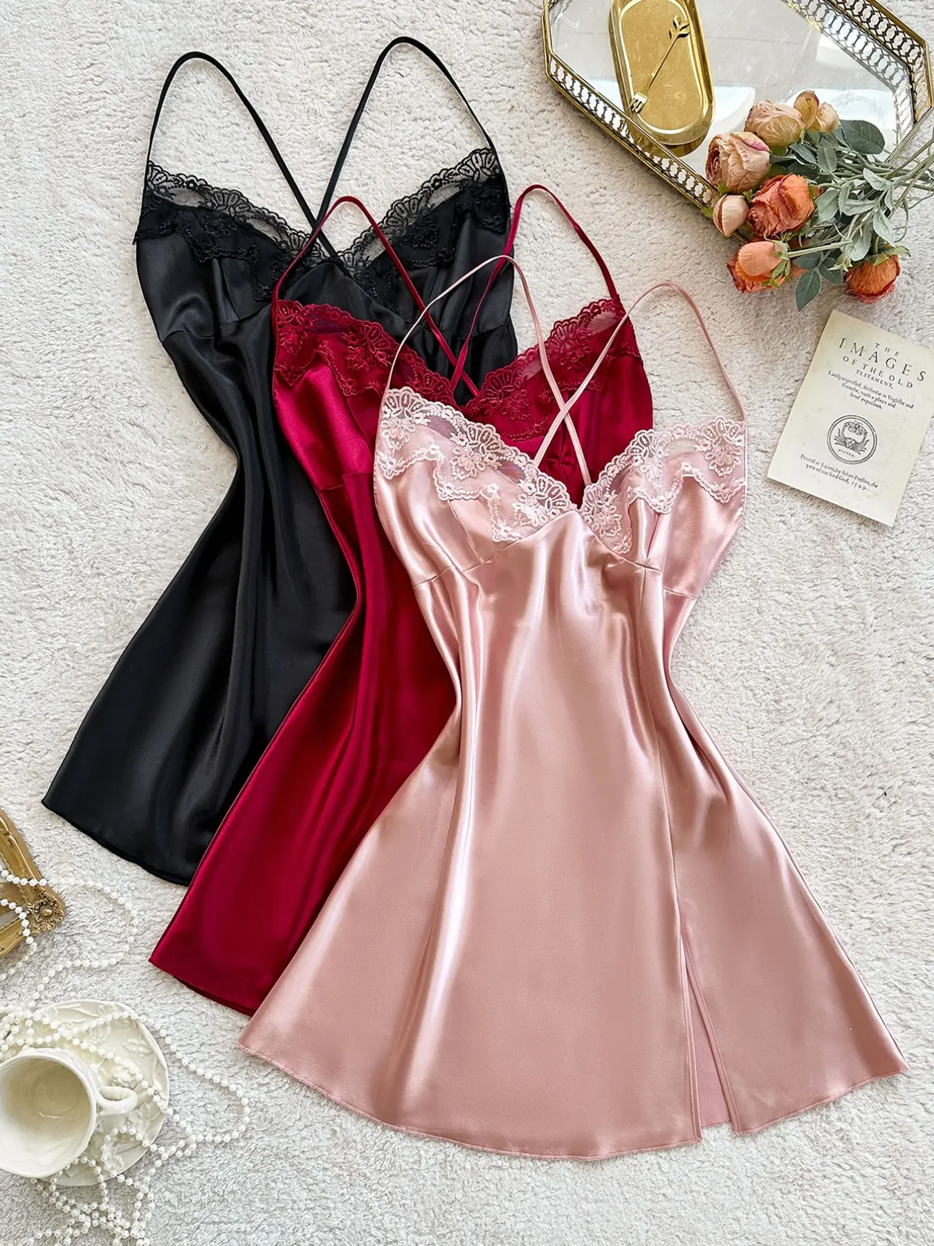 lace sexy night dress Womens Short Silk Nightgown V Neck Silk Lace Slip Dress Black / S