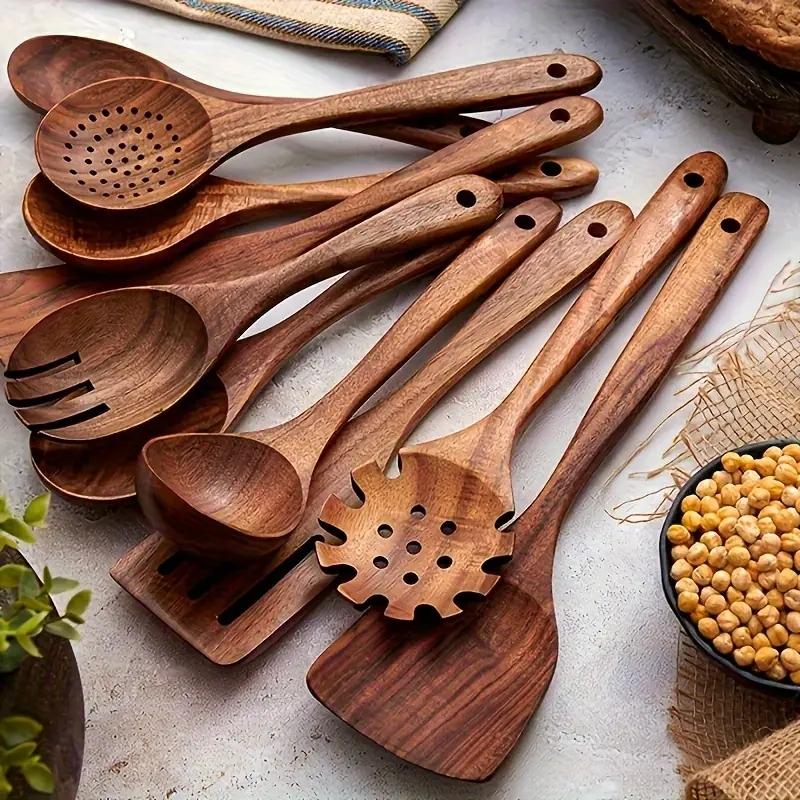 10pcs/set Natural Wood Kitchen Utensil Set, Wooden Spoon Set, with Ergonomic Handles, Heat-Resistant Spoons, Pans and Spatulas, Ideal for Induction Cookers