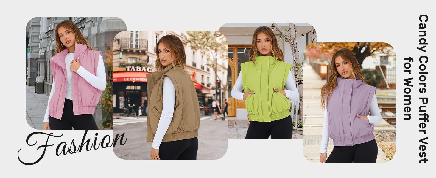 Molitree Women's Puffer Vest Cropped Lightweight Button Down Quilted Vest Sleeveless Padded Gilet Coat with Pockets Black Casual